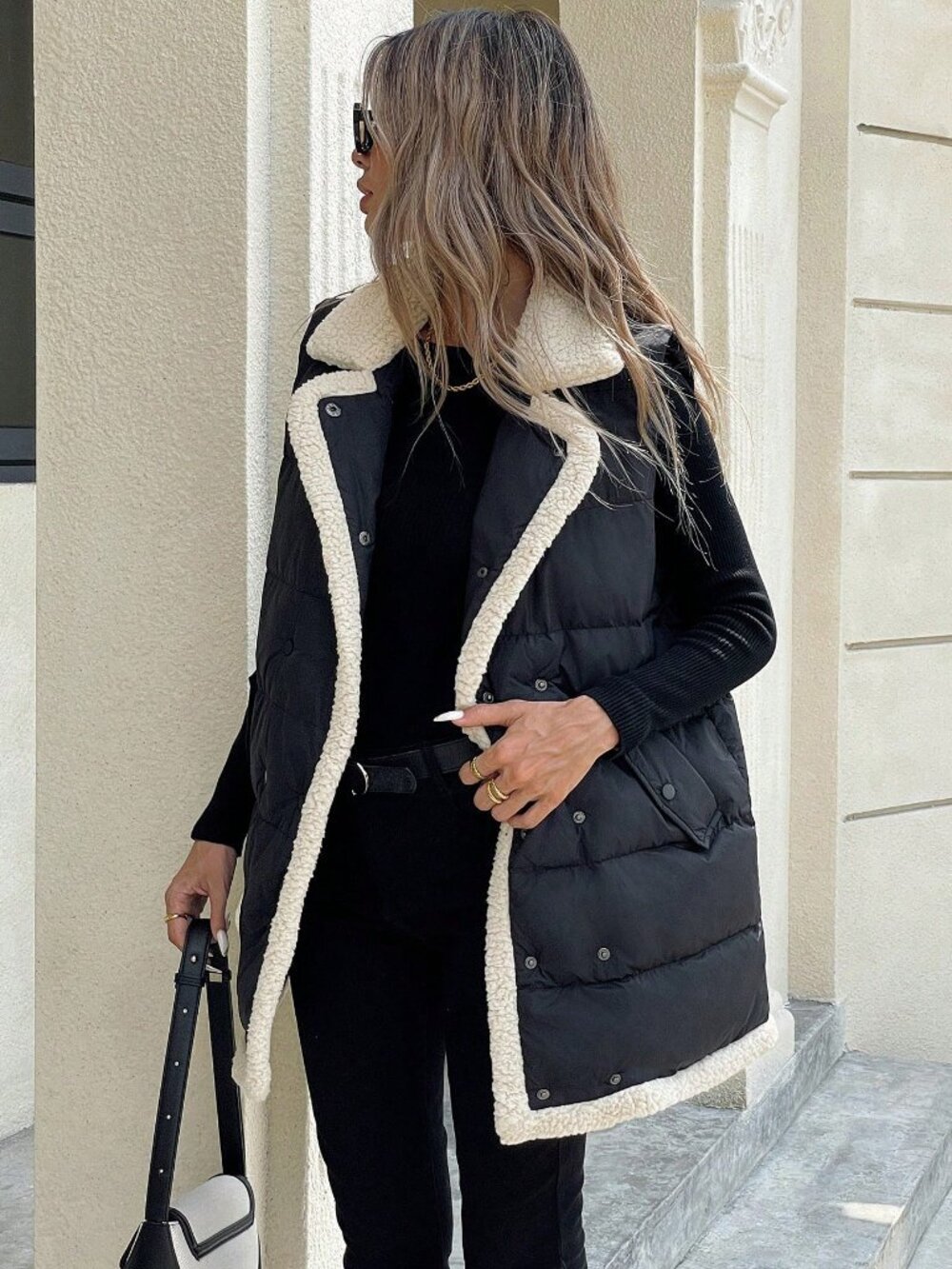 Black Casual Women's sherpa detailed Geometric Quilted Padded Sleeveless Vest - Picture 5 of 8